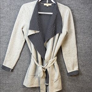 LOFT Light Gray Drape Cardigan with Dark Navy Striped Trim and Inside. Small